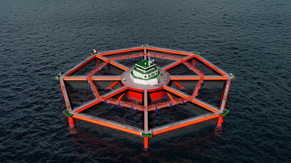 Neste teknologisprang for SalMars havsatsing er Smart Fish Farm, som planlegges etablert i åpent hav i Midt-Norge. Illustrasjon: Salmar