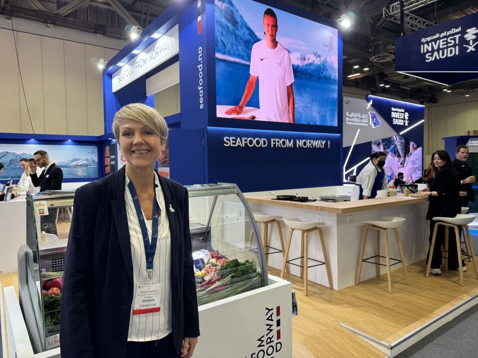 Norges sjømatråd sin utsending til Sørøst-Asia, Åshild Nakken, foran fellesstanden på Seafood Expo Asia i Singapore i fjor.
