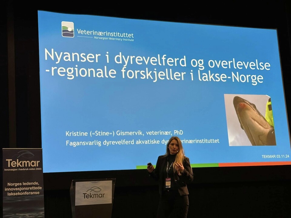 Veterinær Kristine Gismervik, jobber som fagansvarlig fiskevelferd i Veterinærinstituttet. Her er hun på Tekmar der hun har tatt til ordet for et mantra om moderasjon som velferdsfremmer, «MOM-V» undersøkelse, som ble presentert på konferansen i Trondheim.