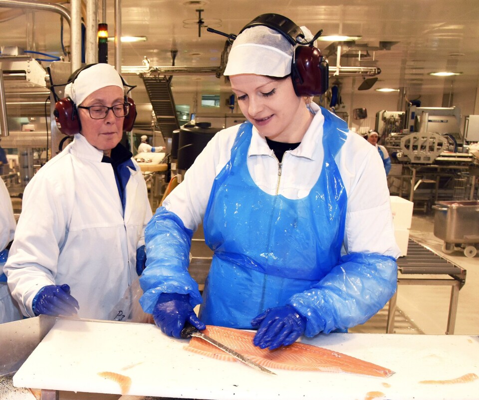 På filetavdelingen. Tordis F. Solbakk sammen med medarbeider May Linn Westvik. Foto: SinkabergHansen.