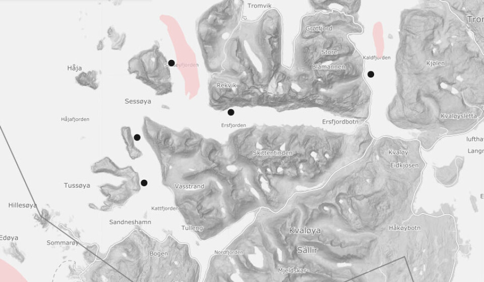 Det er foreløpig ukjent hvilke lokaliteter som er rammet. Illustrasjonsfoto av alle lokalitetene som ligger på yttersida av Kvaløya i Troms. Skjermdump: BarentWatch.