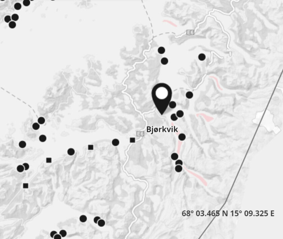 Det er på lokaliteten Bjørkvik Ellingsen Seafood tapte 188 000 nyutsatt smolt. Skjermdump: BarentsWatch.