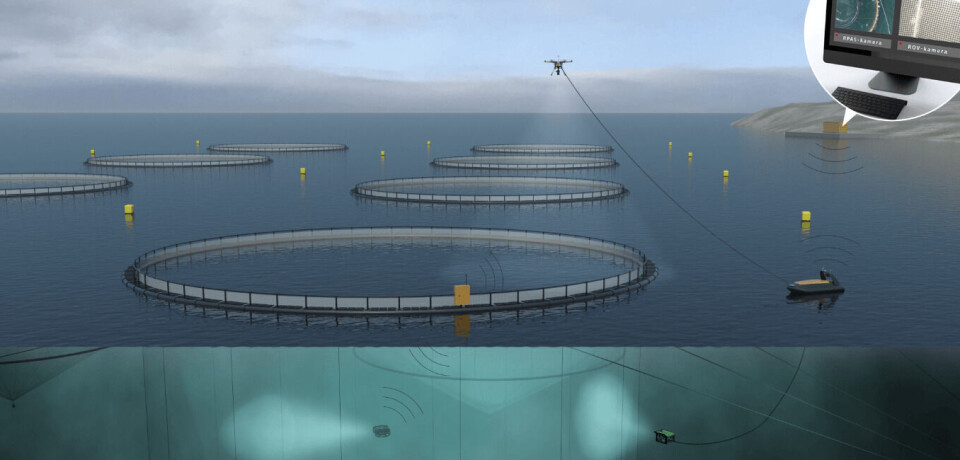 En førerløs båt, en ROV og en drone er viktige elementer i det autonome oppdrettsanlegget som utvikles i Trondheim. Illustrasjon: SINTEF