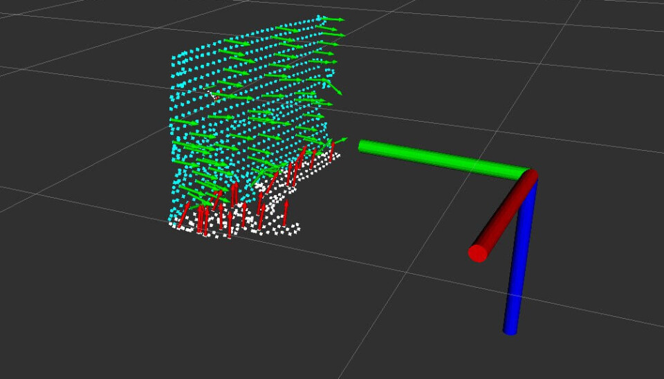 Bildet under viser hvordan systemet oppdager punkter i notveggen (blå med grønne normalvektorer), mens den forkaster støy i underkant (hvite med røde normalvektorer).
