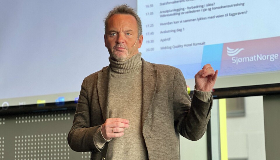 Geir Ove Ystmark, adm. dir i Sjømat Norge, Her under foredrag for medlemmer i Sjømat Norge havbruk nord,