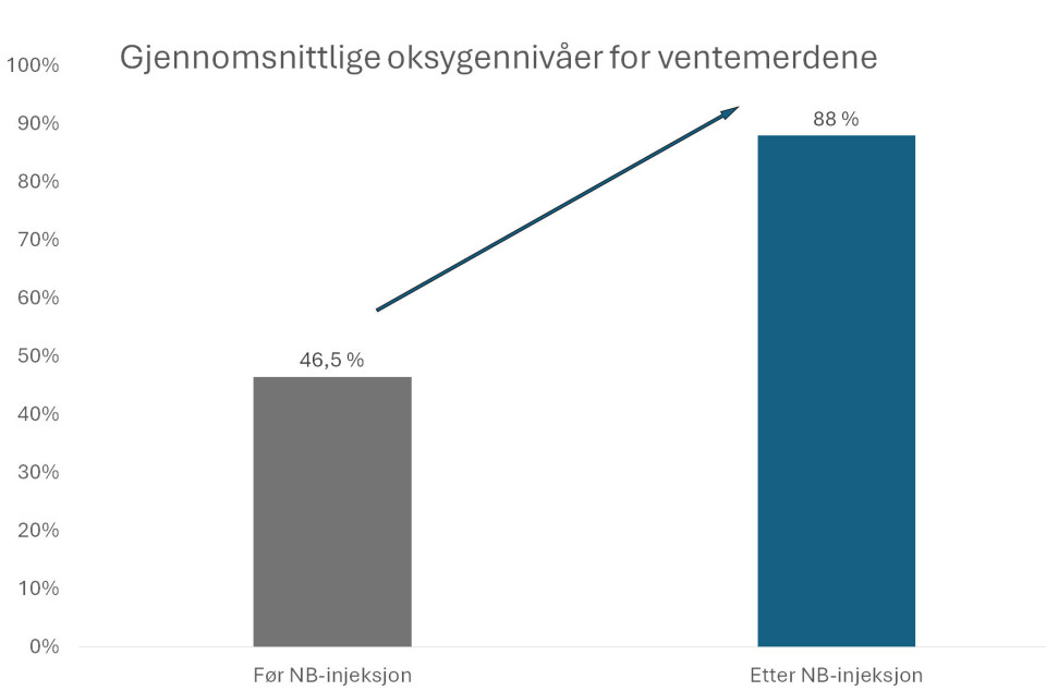 Gjennomsnittlig oksygennivå steg fra 46,5 % til 88 % med Moleaers Freya nanoboblegenerator.