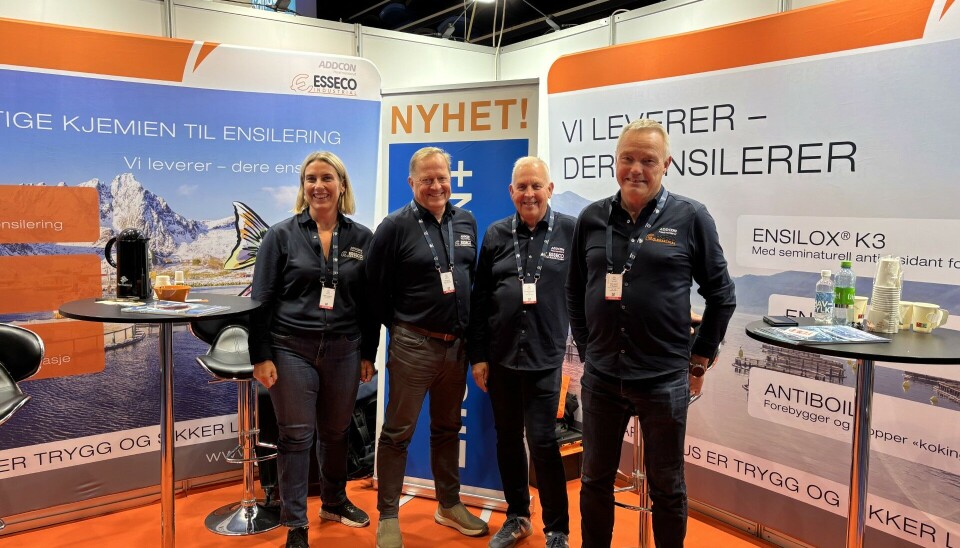 Tett på kundene: Her et viktig team fra Addcon på Aqua Nor-messen i Trondheim 2025, fra venstre logistikkansvarlig Anette Sjøboden, Regional Sales Manager Nordic & Baltic Jani Huuha, kvalitetssjef Øyvind Due og salgs- og markedssjef Hans Kjetil Kvålshagen.