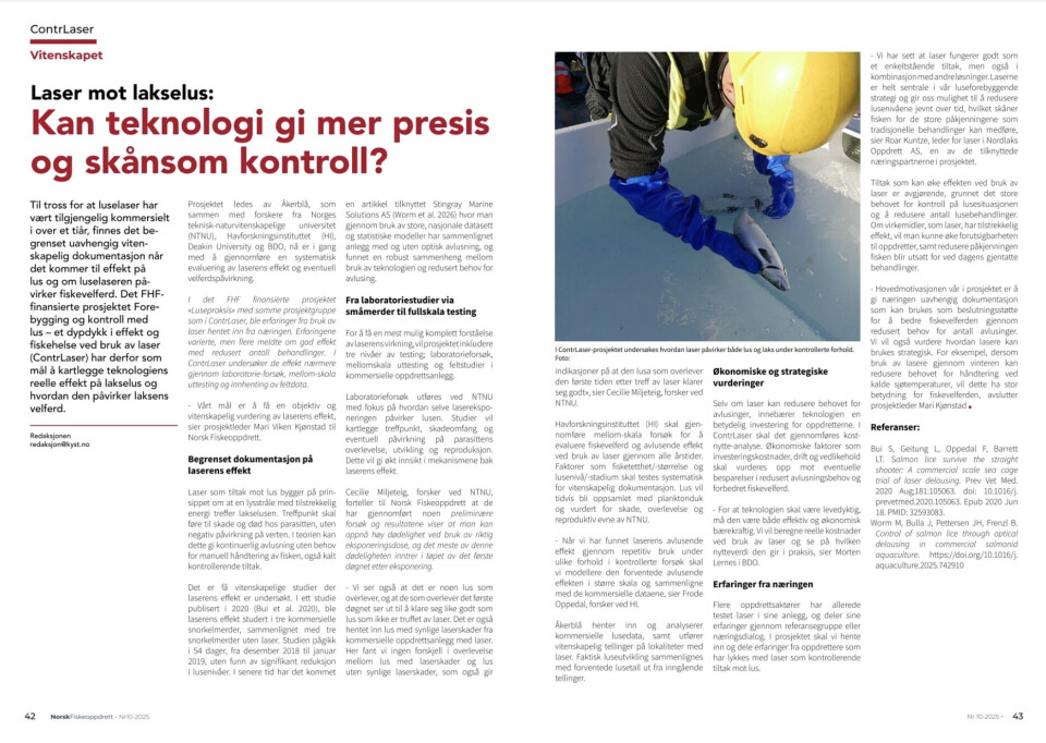 Les også saken i siste utgave av Norsk Fiskeoppdrett