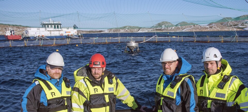 Skrubbholmen i Nærøy er en av flere SinkabergHansen-lokaliteter med dypvannsfôring. På lag med Akva Group startes nå storskala testing av ulike lys for å gi nye svar på adferd og tilvekst. Fra venstre produktsjef Guttorm Lange (AKVA Group), lokalitetsleder Harry Kåre Sørø (SbH), salgssjef Bjørn Sirnes (AKVA Group) og produksjonssjef matfisk, John-Ove Sinkaberg i SinkabergHansen. Foto: Tom Lysø.