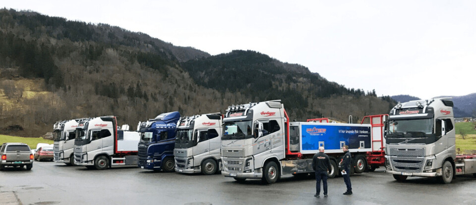 Jarle Tveiten Transport sine mange tilsette jobbar som vanleg for fullt for å transportere fisk til og frå havbruksnæringa. Foto: Jarle Tveiten Transport.