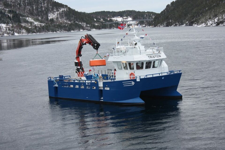 Fartøyet «Tristein» er nummer tre i rekken overlevert til Salmar Farming i løpet av få måneder. Foto: Sletta Verft.