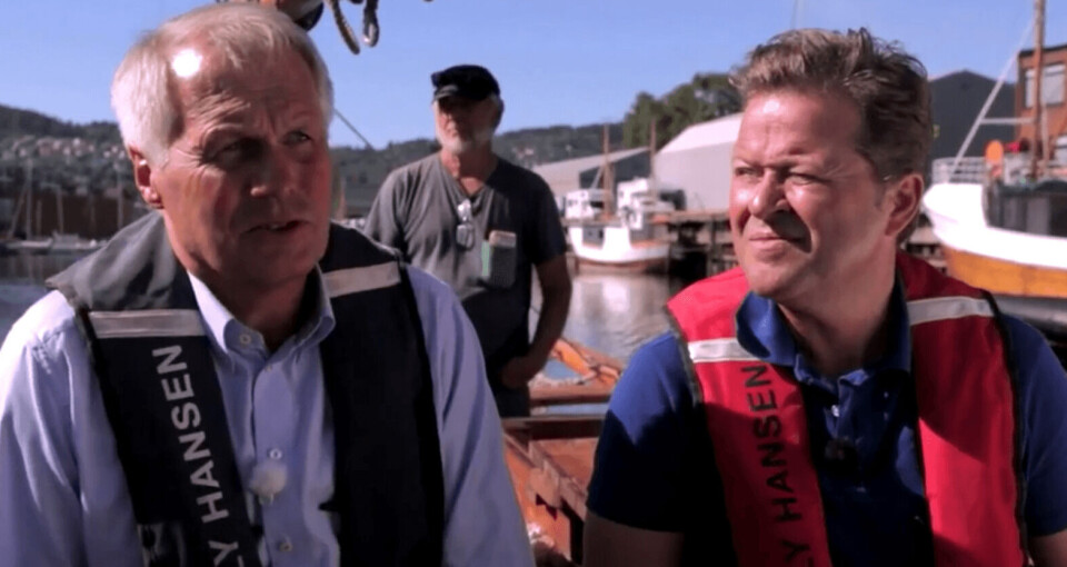 Salmar-eier Gustav Witzoe og Arne Hjeltnes. Foto: Screenshot