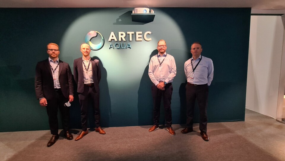 Fra venstre: Håvard Breen Prosjektinnkjøpar Artec Aqua, Inge Finnes Saunes Prosjektinnkjøpar Artec Aqua, Christoffer Jøsokbakke Salgsjef Oppdrett Brimer ServiTech og Tore-Jakob Reite Dagleg Leiar Brimer ServiTech.