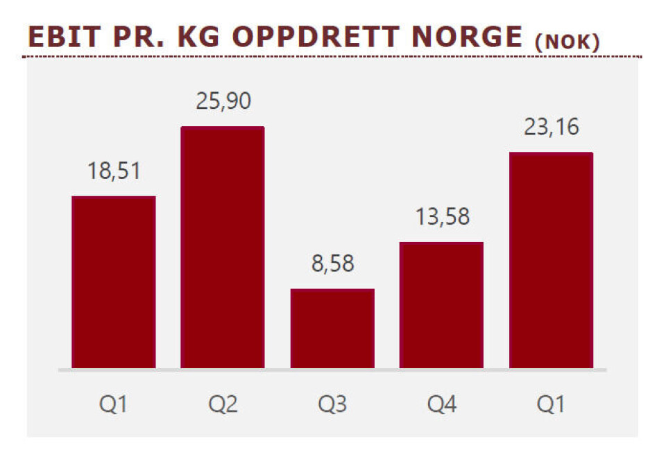 Utvikling av EBIT/kg for Midt-Norsk Havbruk.
