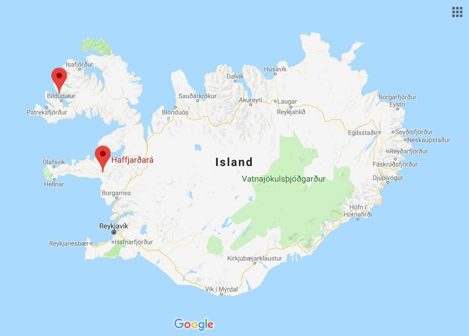 Arnarlax har virksomhet i Arnarfjörður (markert øverst). Lakseelven Haffjarðará renner fra nedre markering og sørvestover. Kart: Google Maps.