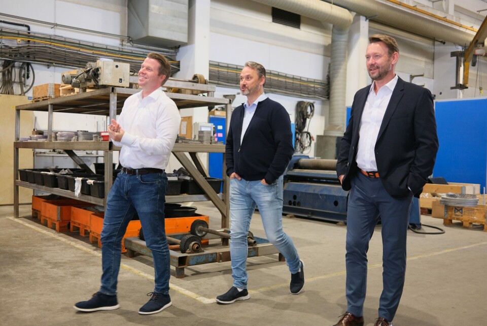 MMC First Process er nominert bl.a. for en strategisk satsning på teknologiutvikling, innovasjon og løsninger som skal bidra til økt fiskevelferd, biomassesikkerhet og kvalitet i et globalt marked. Bildet viser salgsdirektør Frank Edvard Vike, markedsdirektør, Per Helge Devold og CEO Petter Leon Fauske . Foto: Pål Mugaas Jensen