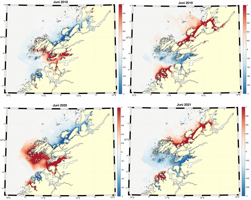 Figurene viser tetthet av smittsomme lakseluslarver, beregnet som avvik fra middelverdien i juni 2012–2021. Røde og blå områder markerer hvor verdiene er henholdsvis høyere og lavere enn middelverdien. Figurene viser tetthet av smittsomme lakseluslarver, beregnet som avvik fra middelverdien i juni 2012–2021. Røde og blå områder markerer hvor verdiene er henholdsvis høyere og lavere enn middelverdien.