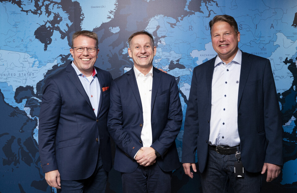 Geir Myklebust, CEO/CFO i selskapet, Per Ivar Lund, VP Business Development, og Terje Andreassen, adm. dir. i Moen Marin. Foto: ScaleAQ.