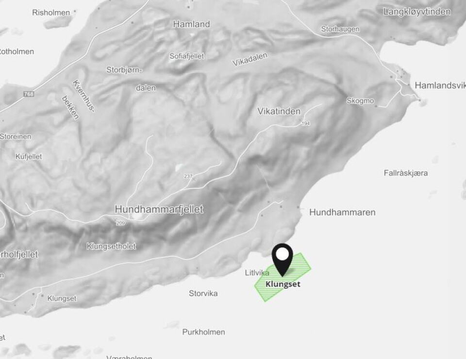 BarentsWatch illustrasjon av lokaliteten Klungset i Nærøy.