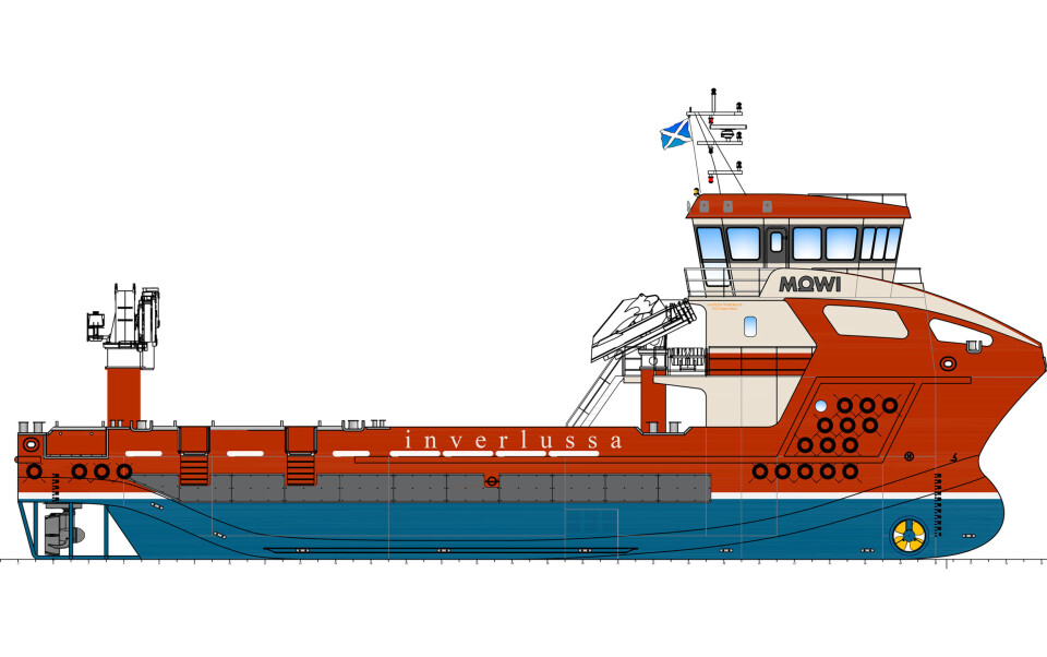 Inverlussas nye fartøy vil være det 15. skipet i deres flåte og være til nå det største. Illustrasjon: Inverlussa Marine Services. Inverlussas nye fartøy vil være det 15. skipet i deres flåte og være til nå det største. Illustrasjon: Inverlussa Marine Services.