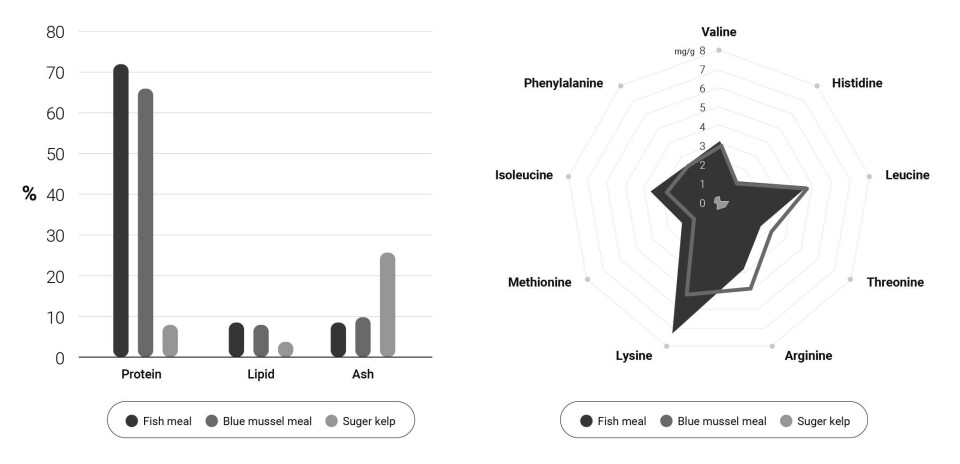 Figur 1. Protein, fett og aske (% av tørrstoff) og aminosyreprofil (mg/g tørrstoff) i fiskemel, blåskjellmel og sukkertare. Klikk for større.