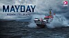 Redningsskøyte i høy sjø med teksten «Mayday Redningsselskapet» og Viaplay-logo øverst i bildet.