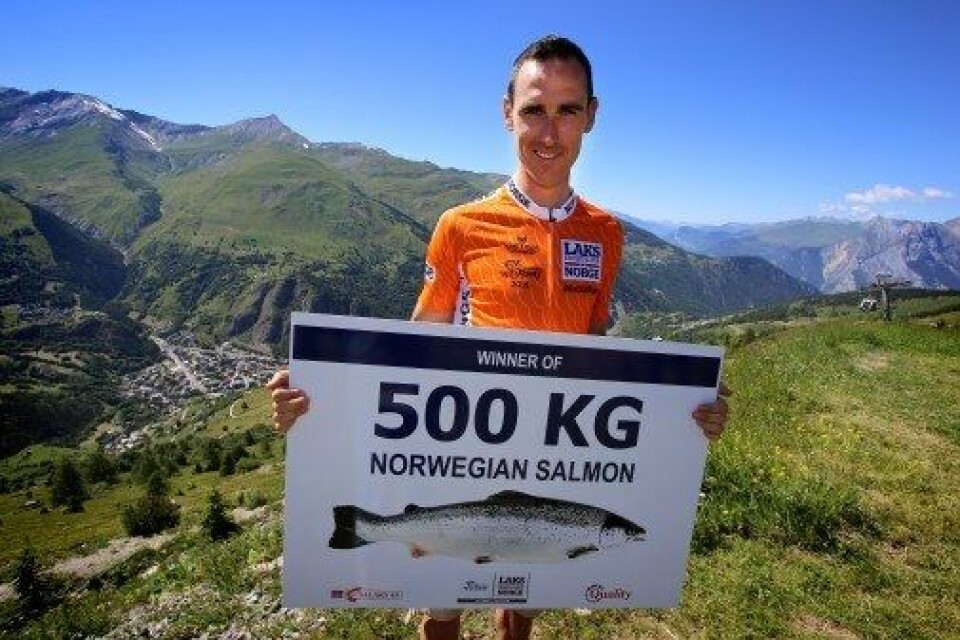 Proffsyklisten Jean-Marc Bideau vant 500 kilo laks . Foto Norges sjømatråd