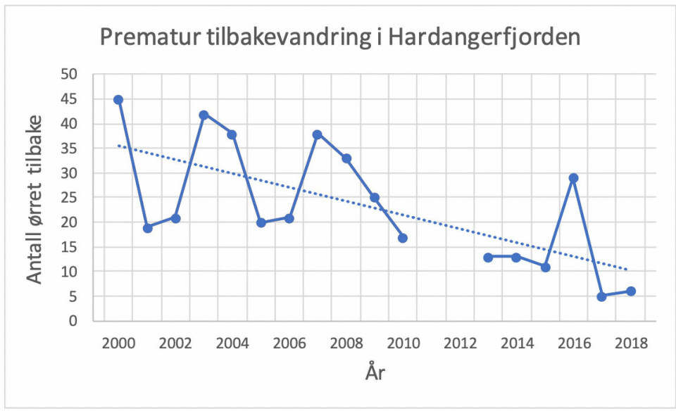 Antall prematurt tilbakevandret sjøørret ved lokalitetene som er undersøkt  langs Hardangerfjorden i perioden 2000-2018 i SALT 2020-prosjektet.