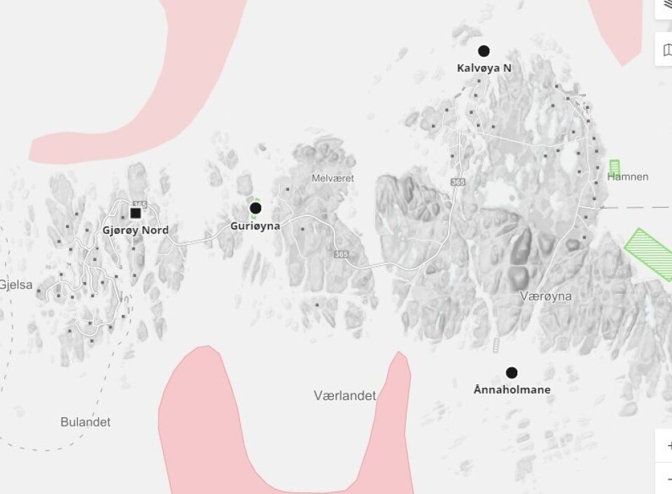 Lokaliteten Guriøyna ligg i Askvoll kommune i Sogn og Fjordane. Kilde: Barentswatch. Klikk for større bilete.