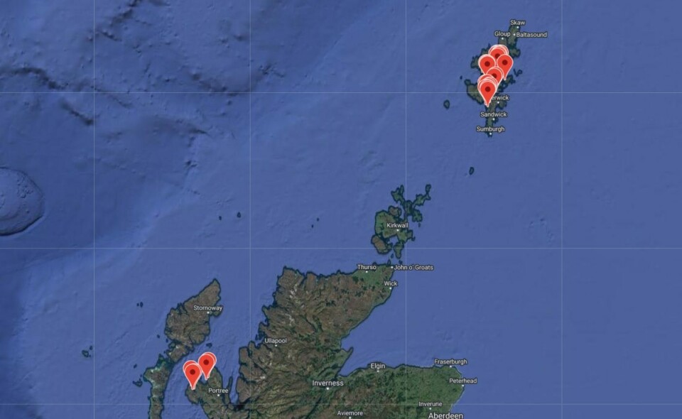 Det langt i fra Shetland i nord, der Grieg Seafood Shetland har sin hovedaktivitet, til Isle of Sky i de indre Hebridene noe lengre sør. Illustrasjon: Grieg Seafood.