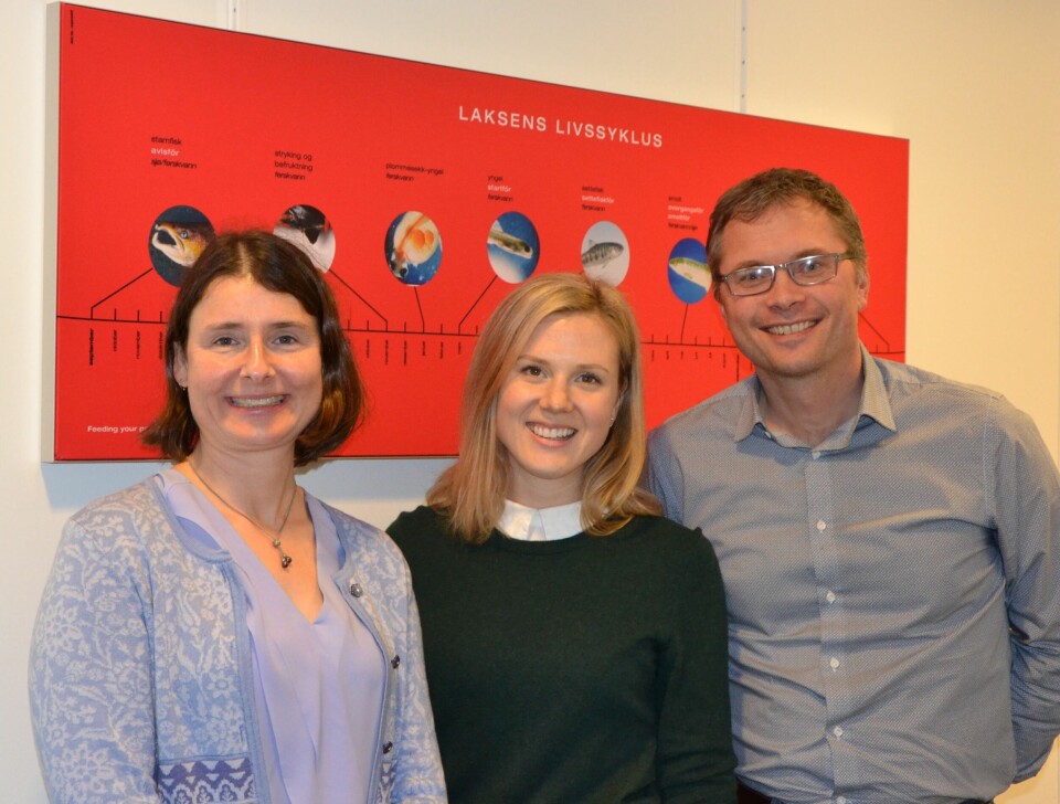 F.v forsker Julia Mullins, Audhild Blomsø fagsjef fiskehelse og ernæring og Truls Dahl global produktsjef for funksjonelle fôr. Alle fra Skretting. Foto: Linn Therese Skår Hosteland.