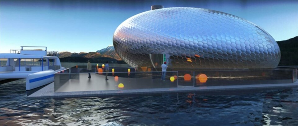 Salmon Eye skal bli et interaktivt visningssenter i Rosendal, tett på det eksisterende Folgefonnsenteret. Illustrasjon: Kvorning Design & Communication.