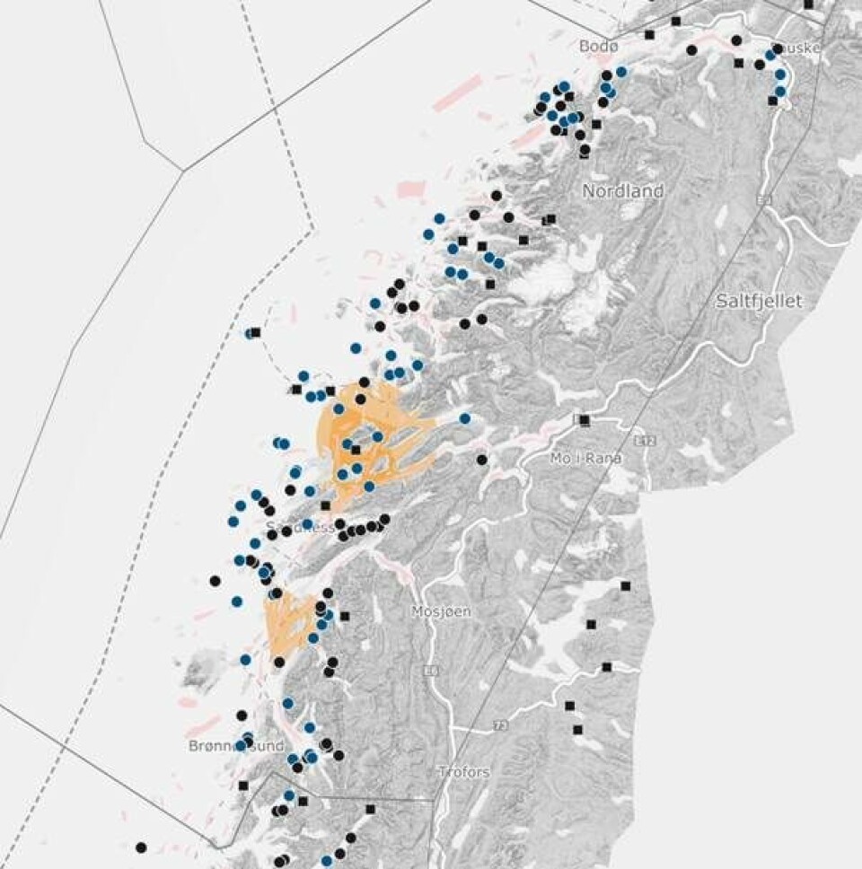Det er 10 uker siden sist en lokalitet i produksjonsområde 8 (Nordland sør for Bodø) var over lusegrensen. Skjermdump: Barentswatch