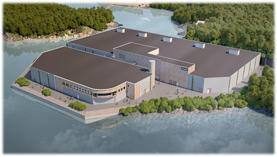 Slik blir Lerøy Sjøtroll sin nye settefiskanlegg på Kjærelva i Fitjar seende ut. Illustrasjon: Lerøy.