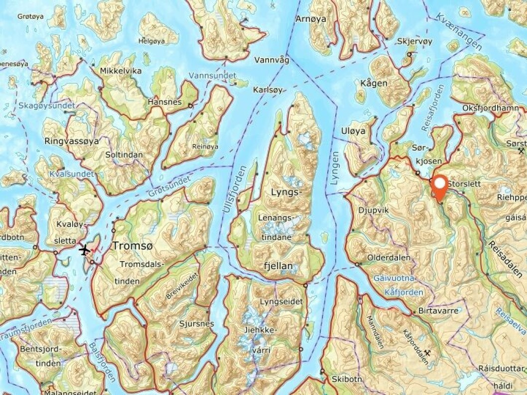 Kartillustrasjon av Kildal i Nord-Troms.