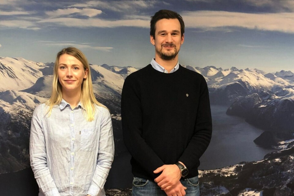 Driftssjef settefisk i Hofseth Aqua, Henriette Nordstrand og produksjonssjef landbasert stamfisk i AquaGen, Tore Mjelde står foran et bilde av Storfjorden i Møre og Romsdal der regnbueørreten blir oppdrettet frem til slakt. Foto: AquaGen
