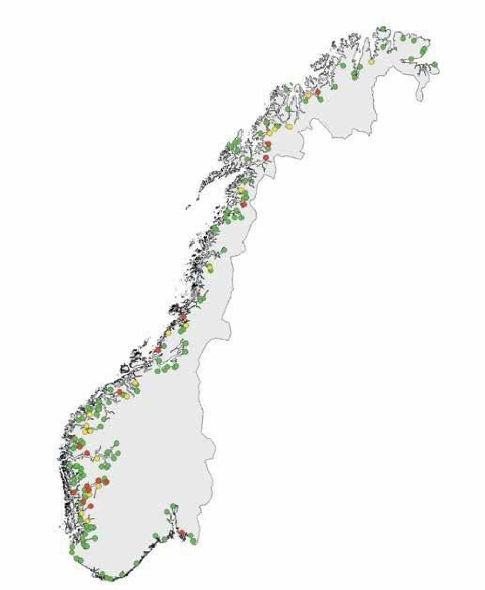 Kartet viser lokalisering av elvene der innslaget av rømt oppdrettslaks er vurdert til å være lavt til moderat (< 10 %, grønne punkter), middels (for dårlig presisjon i data til å konkludere sikkert om det er over eller under 10 %, gule punkter), eller høyt (>10 %, røde punkter). Kilde: Rapport fra det nasjonale overvåkingsprogrammet 2015.