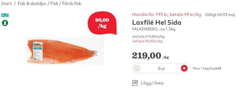 Eksporten av fersk laksefilet til Sverige har økt med 23 prosent de siste to månedene. Foto: Faksimile fra hemkop.se