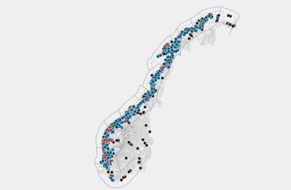 Antall lokaliteter som overskrider lusegrensen i årets første uke. Kilde: Barentswatch.