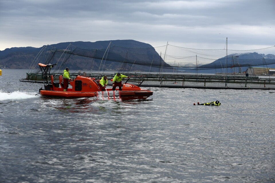 Her prøver mannskapet å redde en røkter som har falt i sjøen. Foto: Norsafe Academy.