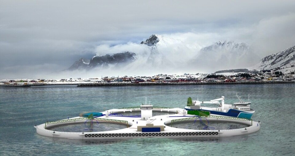 FjordMAX - en triangulær bærende konstruksjon i stål med tre produksjonsenheter. Foto: NSK Ship Design. FjordMAX - en triangulær bærende konstruksjon i stål med tre produksjonsenheter. Foto: NSK Ship Design.
