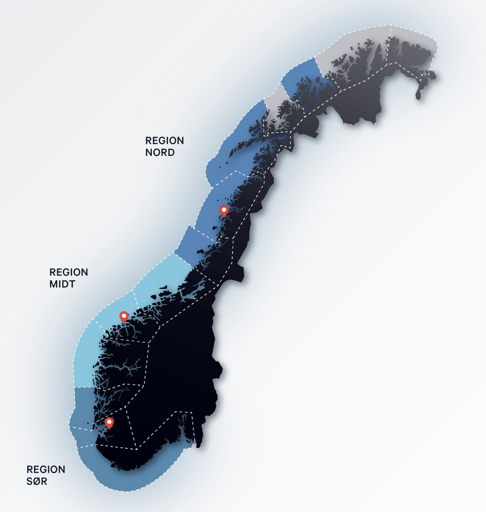 Kart over Marine Harvests nye regioner i Norge. Kilde: Marine Harvest.