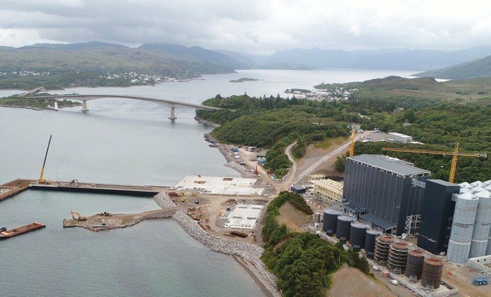 Et nylig bilde tatt av Kyleakin-anlegget, med Skye-broen i bakgrunnen. Marine Harvests planlagte besøkssenter vil være noe av det første som møter besøkende når de kommer over broen. Foto: Marine Harvest