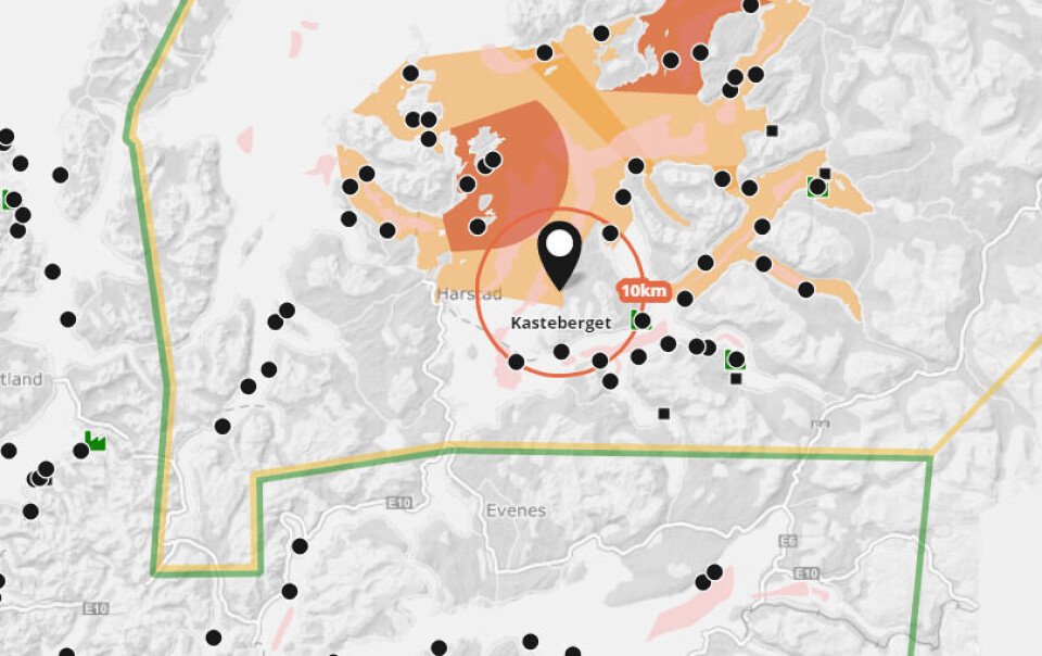 Lokalitet Kasteberget. Skjermdump fra Barentswatch. Lokalitet Kasteberget. Skjermdump fra Barentswatch.