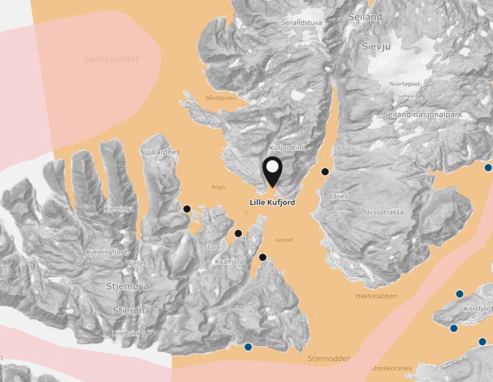 Lokalitet Lille Kufjord. Skjermdump fra Barentswatch.