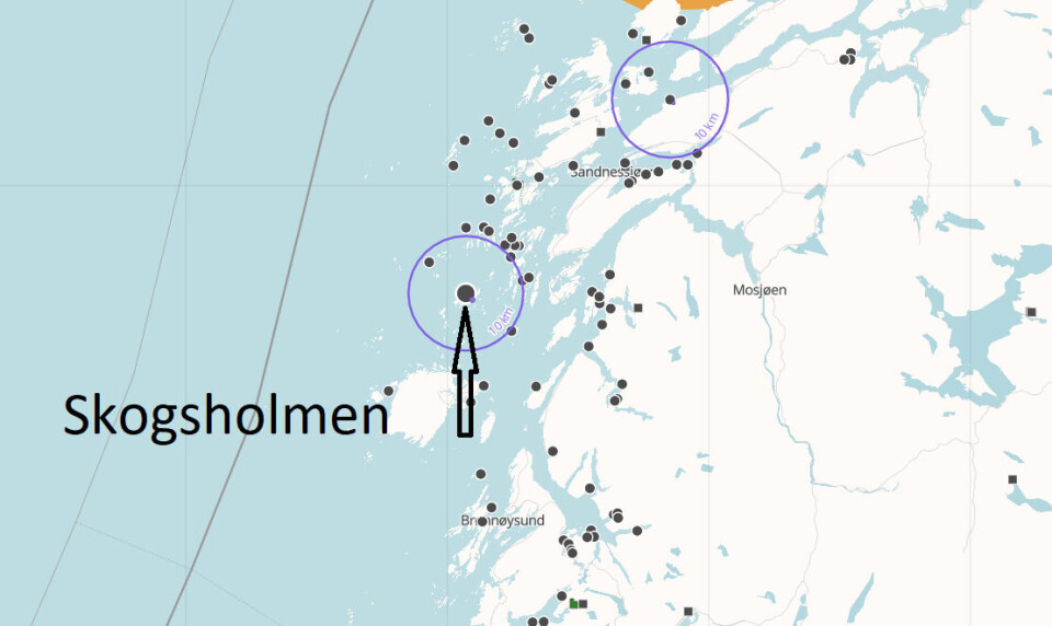 Det er påvist ILA i oppdrettsanlegget Skogsholmen i Vega kommune i Nordland fylke. Kilde: Barentswatch.