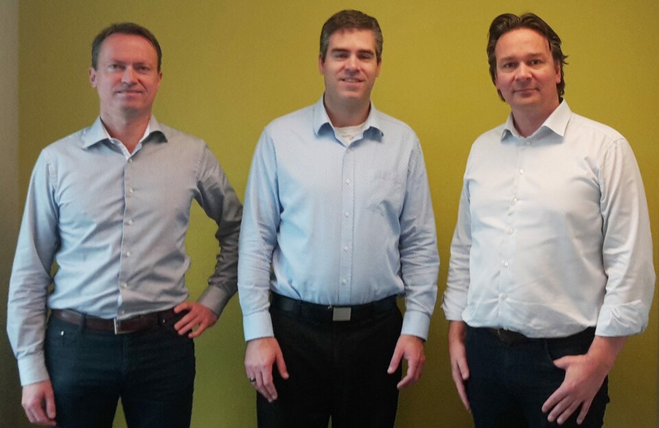 På bildet: fra venstre CFO Maritech Jøran Nyheim - Managing Director WiseDynamics Blair Shelton  - CEO Maritech Arne Lie Gundersen