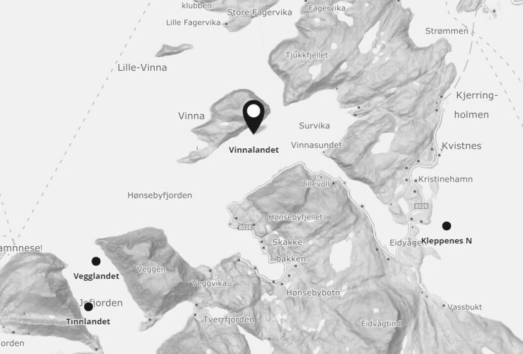 Lokalitet Vinnalandet. Skjermdump fra Barentswatch.
