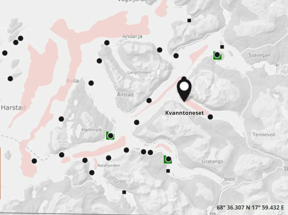 Det er misstanke om ILA hos lokalitetene til Salaks på Kvanntoneset i Troms. Foto: Barentswatch Fiskehelse