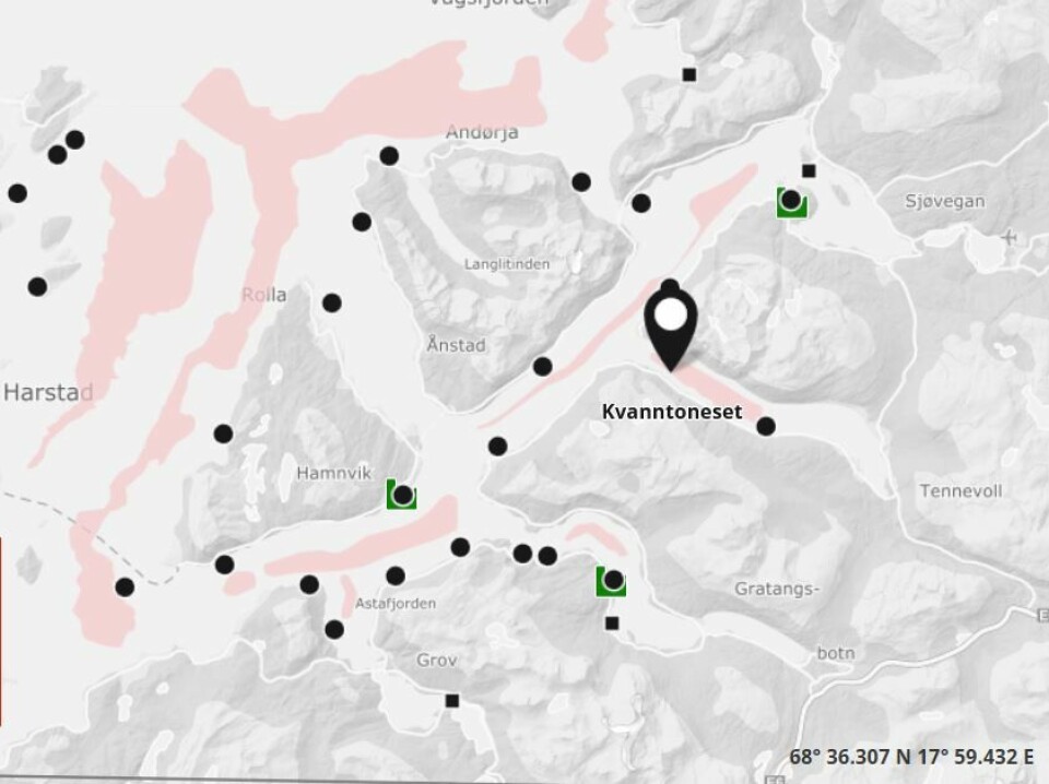 Det er misstanke om ILA hos lokalitetene til Salaks på Kvanntoneset i Troms. Foto: Barentswatch Fiskehelse Det er misstanke om ILA hos lokalitetene til Salaks på Kvanntoneset i Troms. Foto: Barentswatch Fiskehelse